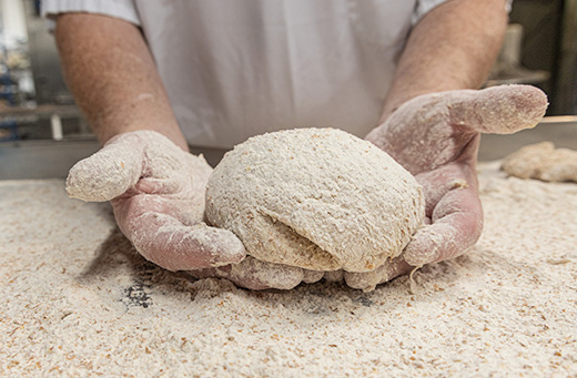 Two hands holding Penny Loaf dough on a floured board