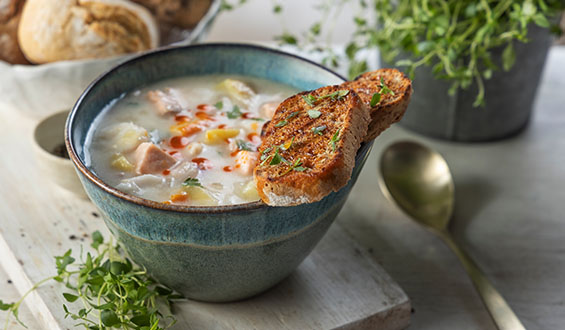 Chowder with brown penny loaves