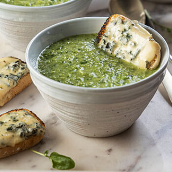 Watercress Soup with penny loaf with melted blue cheese