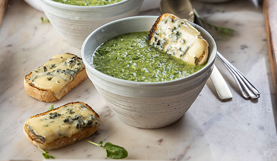 Watercress Soup with penny loaf with melted blue cheese