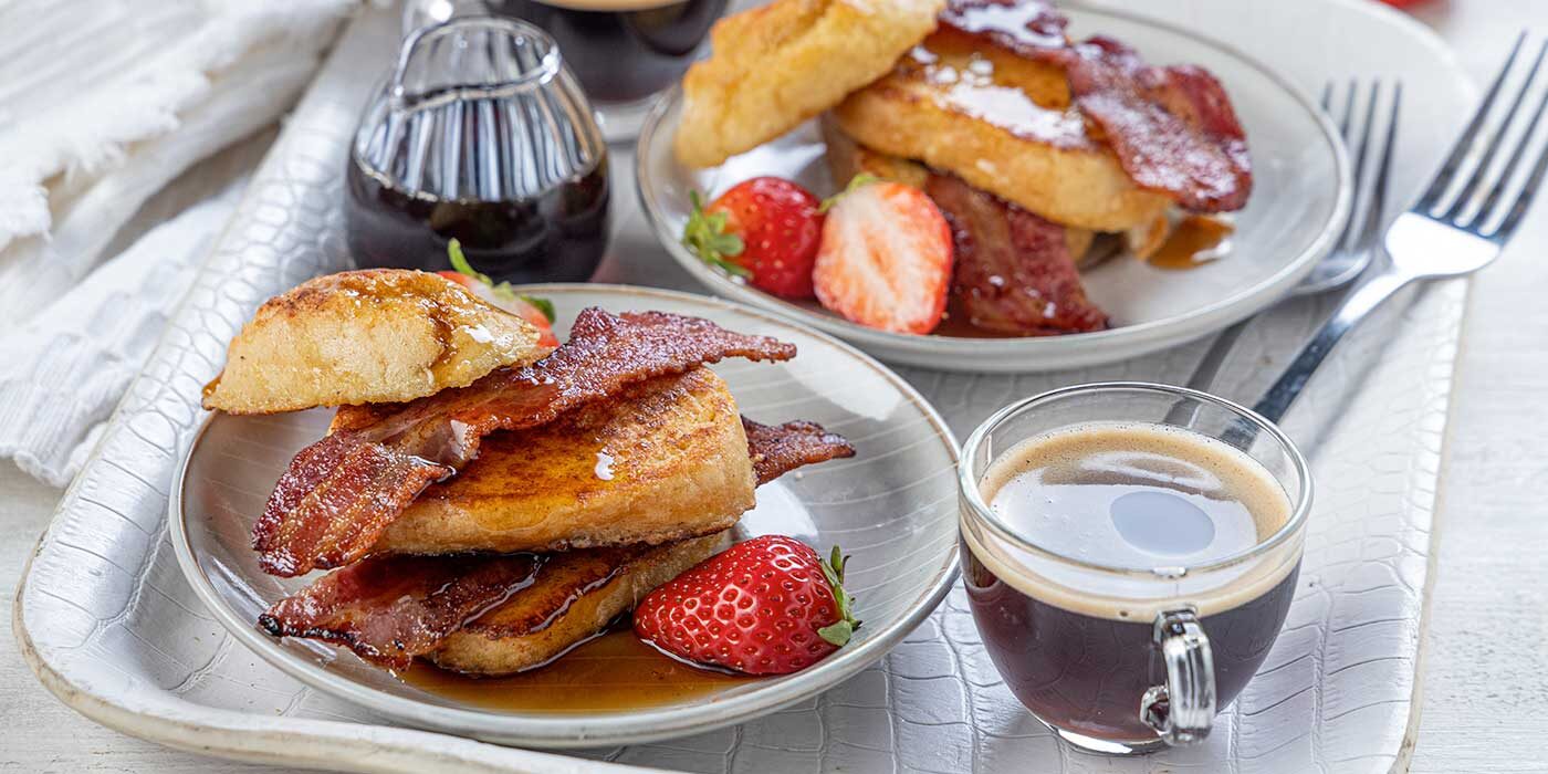 French toast with bacon made with Penny Loafs and a coffee