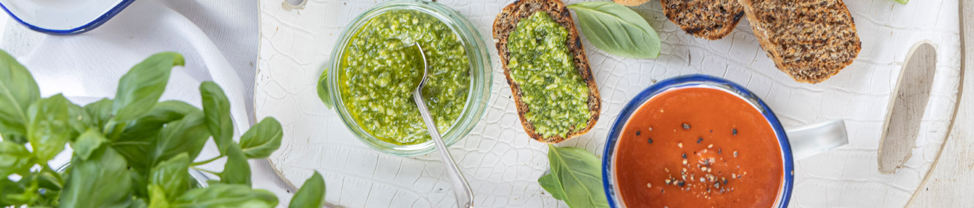 Roasted Tomato and Basil Soup with brown Penny Loaf and pesto