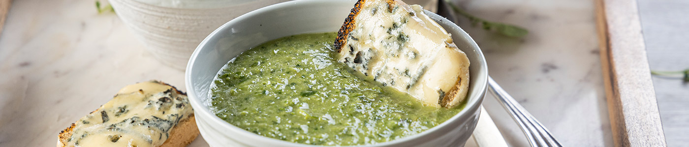 Watercress Soup with Penny Loaves covered in cheese