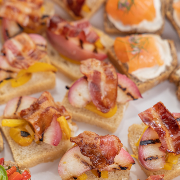 Grilled Peach and Bacon with Yellow Pepper Penny Canapes